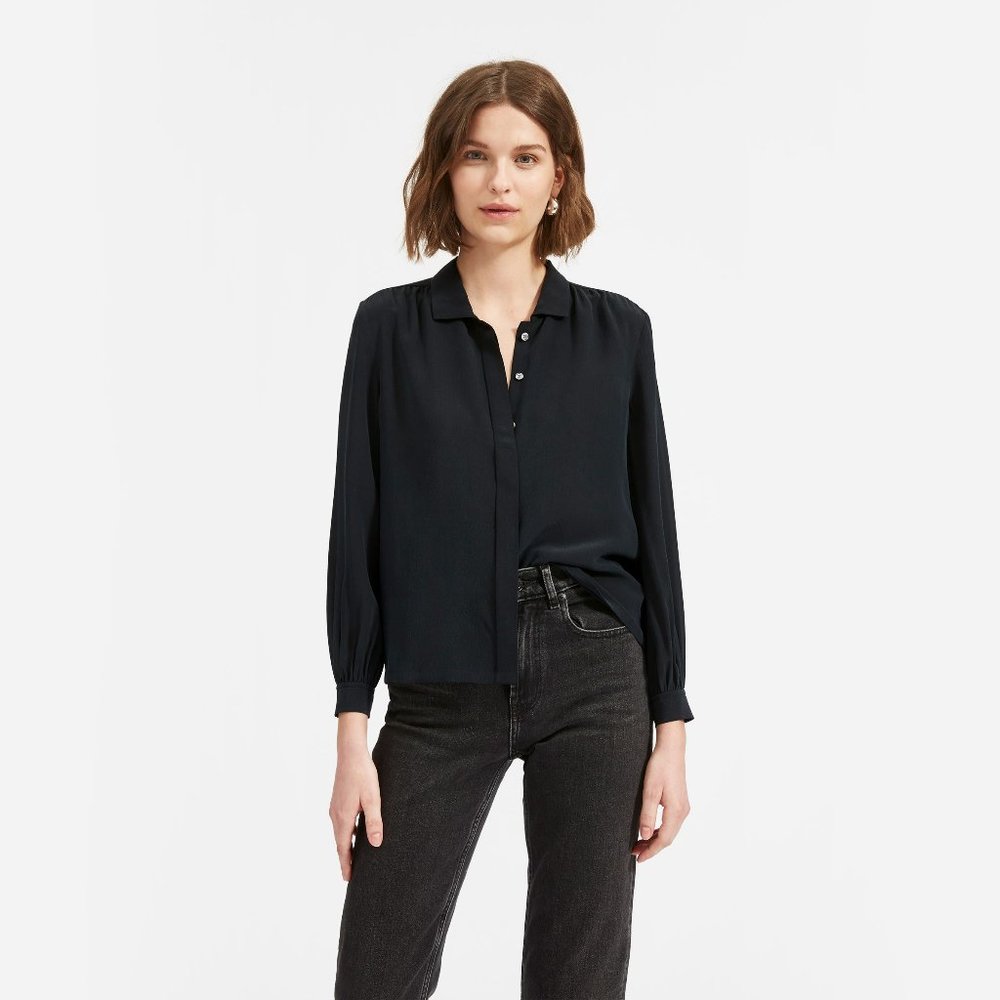 ISO Everlane Shirred Silk Shirt in Black